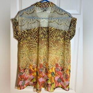 BUFFALO Top Blouse Floral Abstract Print Lace Shoulders Button Up Sheer Sz S